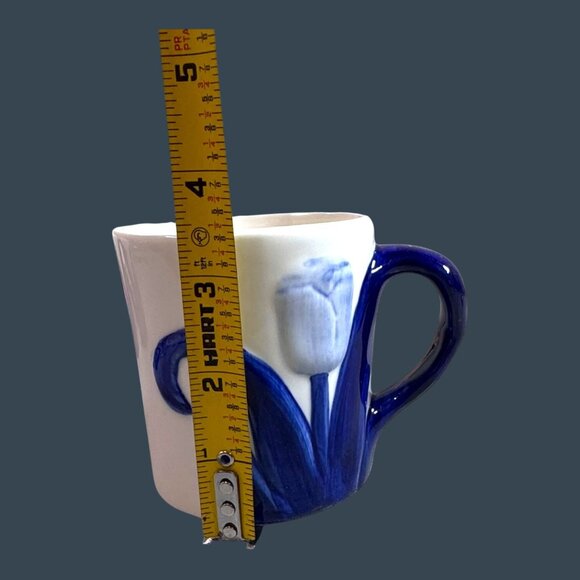 Vintage Handpainted Delft Blue 3D Tulip Floral Design Ceramic Coffee Mug Set 3 - Picture 5 of 11
